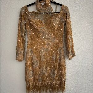 Stephen Yearick Gold Beaded Long-Sleeve Fringe Cocktail Dress